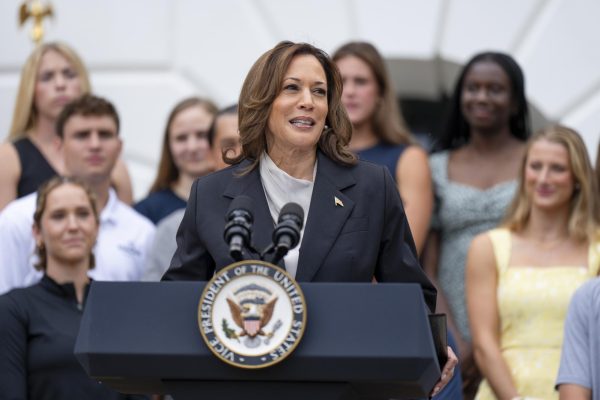 Vice President Kamala Harris makes remarks at a White House NCAA Sports Day event, Monday, July 22, 2024, at the South Portico.