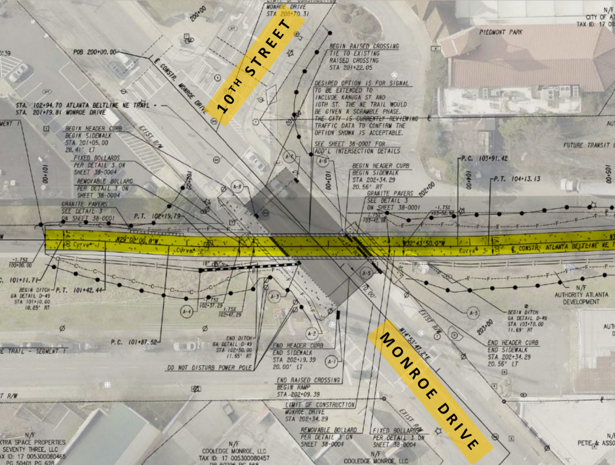 Plans for the improved intersection include a separate crosswalk to connect the BeltLine across Monroe Drive, as highlighted in yellow.