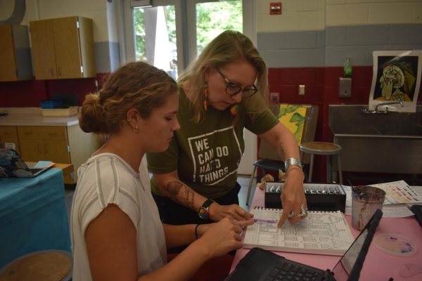 Dr. Smith gives advice to Senior Drawing and Painting 4 student Julia Williams. Dr. Smith said she tries to challenge all her students to expand and grow their skills.