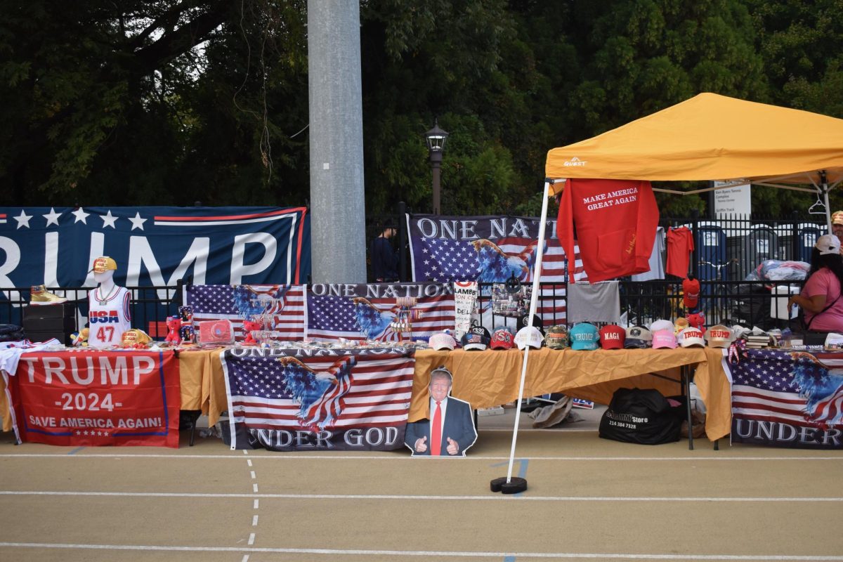 TRUMP TRACKS: Lining Georgia Tech's track was Trump merchandise from a range of vendors.