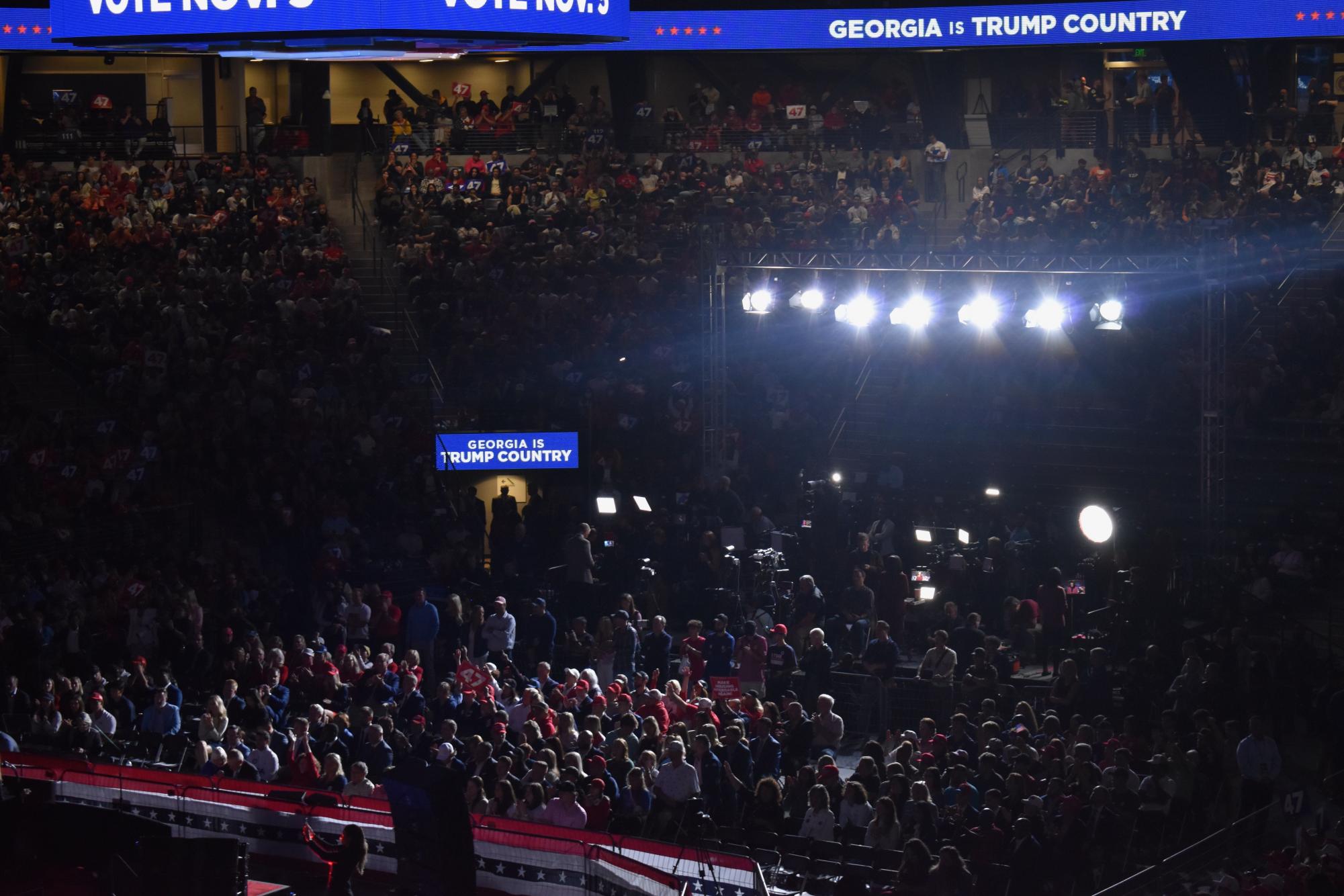 READY LISTENERS: Around 9,000 people gathered in McCamish pavilion waiting to hear Trump speak.  