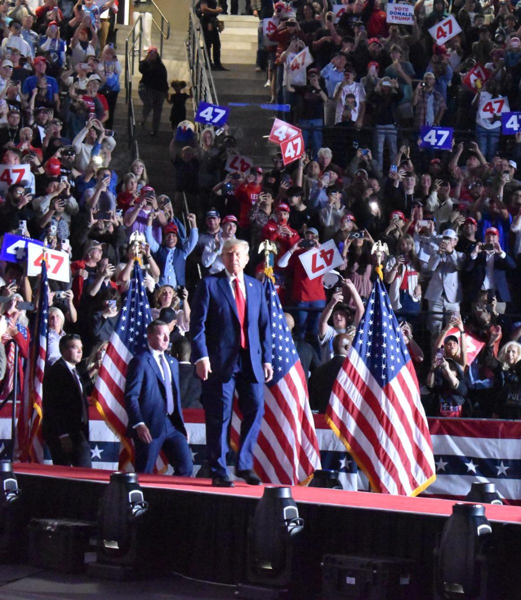 ENTER TRUMP: Trump took the stage after an hour of speeches given by various campaign officials and supporters. 