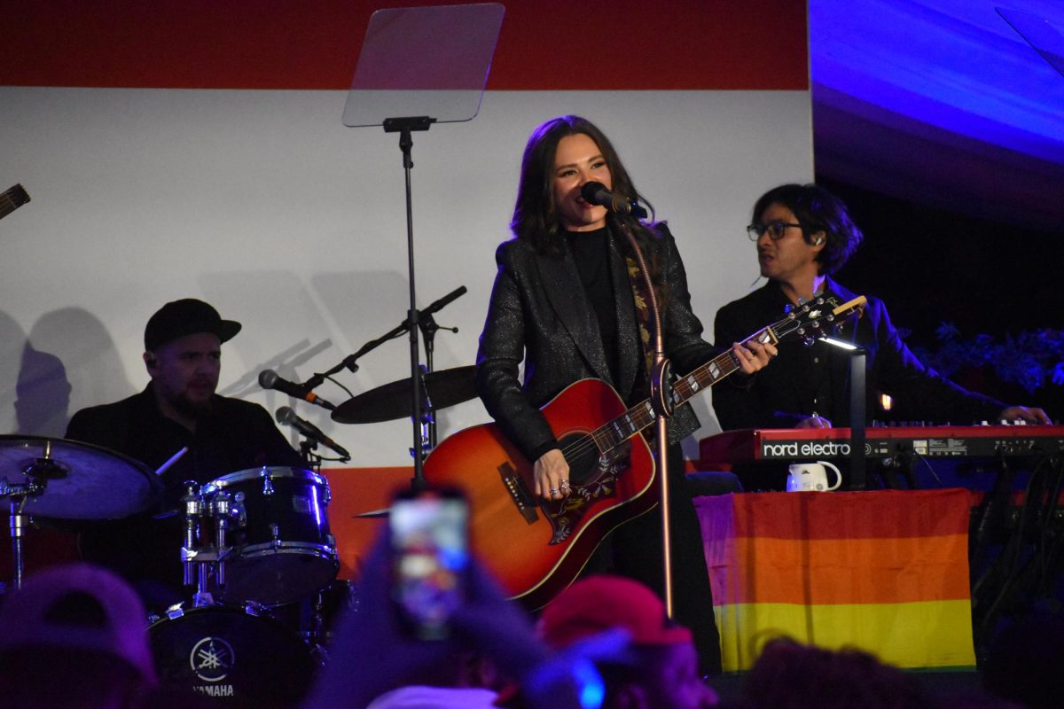 JOYFUL TUNES: Joy Huerta, from pop music duo Jesse and Joy, performed several songs at the rally. 