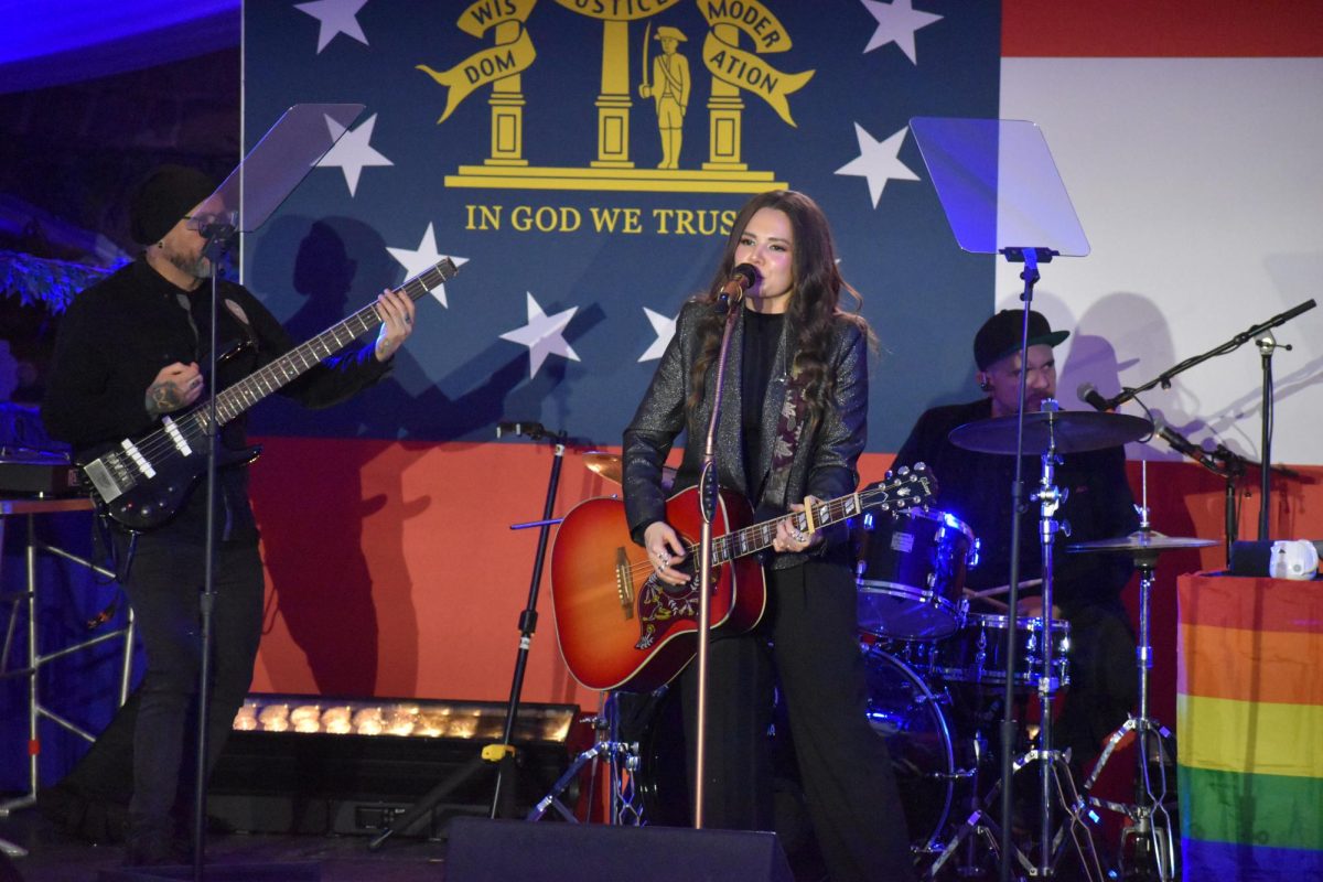 JOYFUL TUNES: Joy Huerta, from pop music duo Jesse and Joy, performed several songs at the rally. 