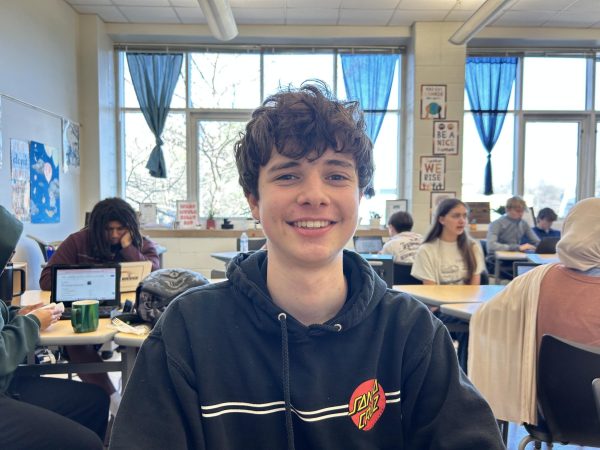 Senior Liam Gregg smiles in his AP Research class.