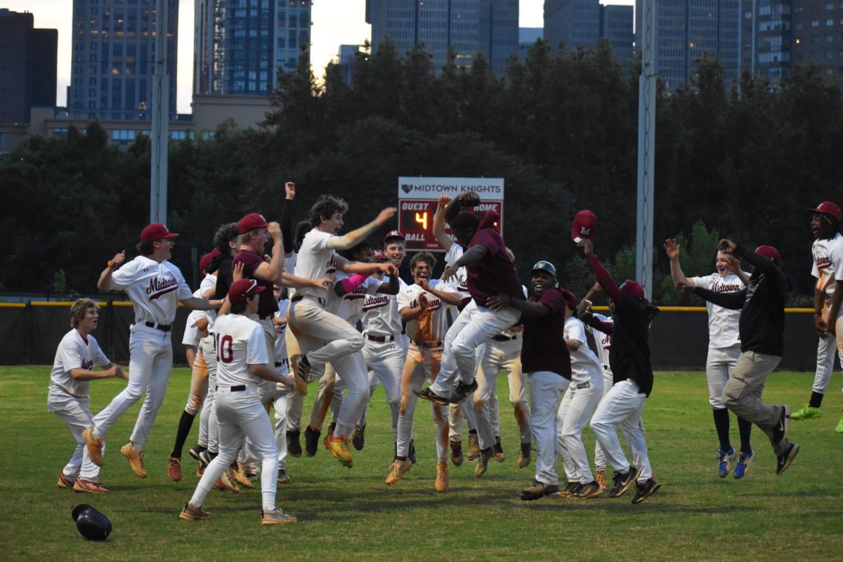 The Knights baseball team celebrate in the outfield after taking down the Maynard-Jackson Jaguars 5-4 on April 15. Head coach Jordan Tarver said that this game meant a lot more than just another win.
“The guys had one goal in mind besides making it to the playoffs and that was beating Maynard-Jackson,” Tarver said. “That was a highlight of the season. That’s something to definitely build off with that energy from that win.”
