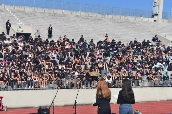 ADDRESSING THE CROWD: Juniors Audrey Lyons and Kate Krugman give a speech at the March For Our Lives rally.