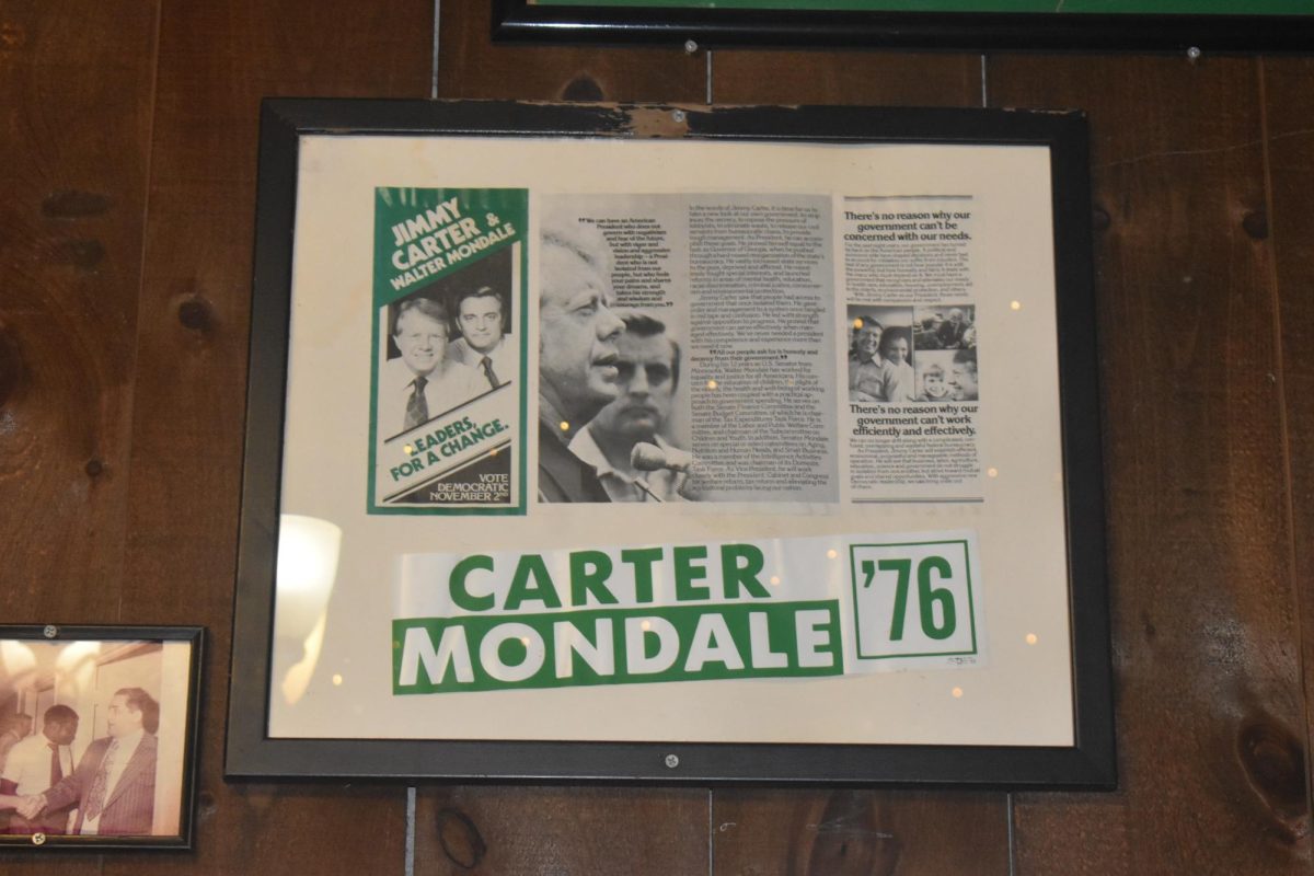 The walls of Manuel's are covered in memorabilia of Carter's life, including these promotional materials from Carter's successful 1976 presidential race. Carter was the first to announce his candidacy for the Democratic nomination and believed if he could meet enough people personally, he could become well-known enough to win the presidency.