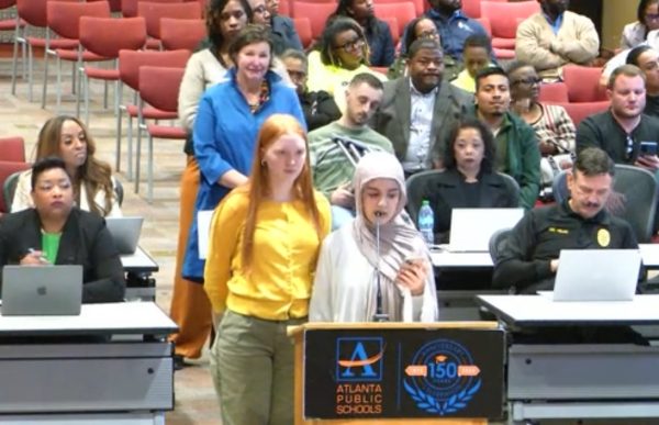 PUBLIC COMMENT: March for Our Lives co-presidents Audrey Lyons and Mariam Darb spoke in front of the Atlanta Public School board on Feb. 3. Their two-minute public comment was meant to raise awareness for their district-wide gun safety pledge for parents. (Courtesy of Atlanta Public Schools Board of Education)