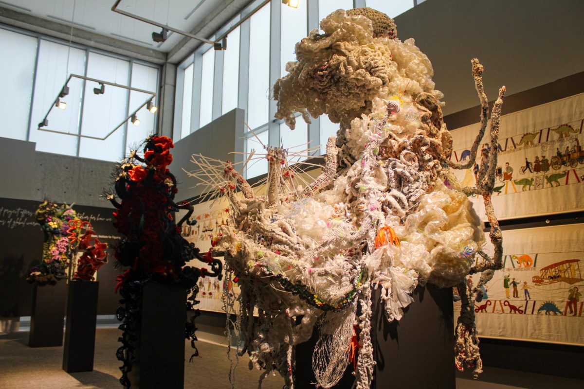 CREATIVE CORAL: Wertheim sisters Margaret, a renowned science writer, and Christine, a poet, came together for their featured collection
in the “Threads of Change” exhibit, “Crochet Coral Reef,” which will be there until May 25. Displaying recycled materials to create coral
reefs, the sisters incorporate hyperbolic geometry, a technique that made the replication of coral twists and curves possible through crochet.