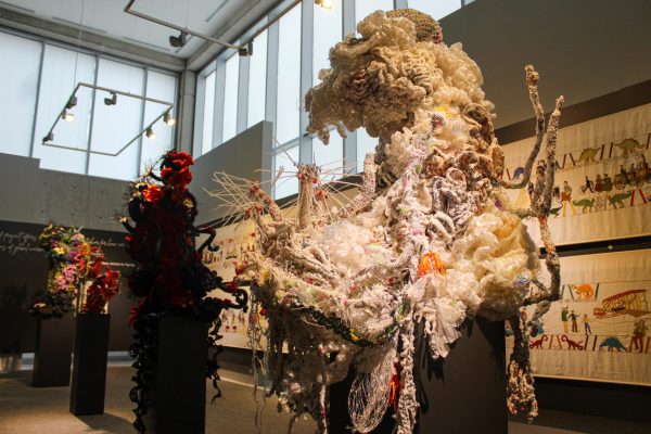 CREATIVE CORAL: Wertheim sisters Margaret, a renowned science writer, and Christine, a poet, came together for their featured collection
in the “Threads of Change” exhibit, “Crochet Coral Reef,” which will be there until May 25. Displaying recycled materials to create coral
reefs, the sisters incorporate hyperbolic geometry, a technique that made the replication of coral twists and curves possible through crochet.