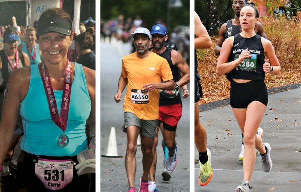 Three staff members, math teacher Carrie Rowe, media specialist Brian Montero, and speech language pathologist Charlotte Molloy, run marathons outside of working.