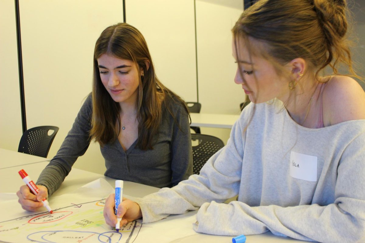 This year, students at ACE South chose to design a cultural destination. Juniors Sienna Zizzi (left) and Isla Murphy (right) work together to create a bubble diagram of the programs they selected for the cultural destination.