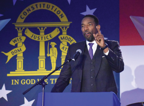 REVITALIZING ATLANTA: Atlanta Mayor Andre DIckens speaks at the Kamala Harris campaign's Election Eve party on Nov. 4, 2024. After winning reelection this year, Dickens has announced a $5 billion plan to support infrastructure, supported by and extension of eight tax allocation districts.