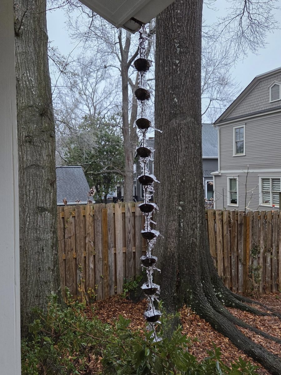 Ice collected on a rain chain after a weekend of freezing rain that left roads slick and caused several trees to fall across Atlanta. The storm led to widespread closures and disrupted travel as residents waited for conditions to improve.