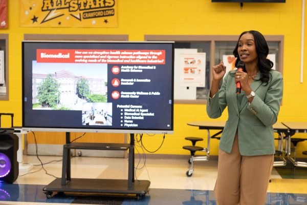 LOOKING FORWARD: Dr. Tasharah Wilson, Principal of Atlanta College and Career Academy, speaks at an APS Forward Visioning Meeting on Nov. 18, 2025 at Crawford Long Middle School. APS Forward 2040 plans to improve access to high-quality education throughout the district.