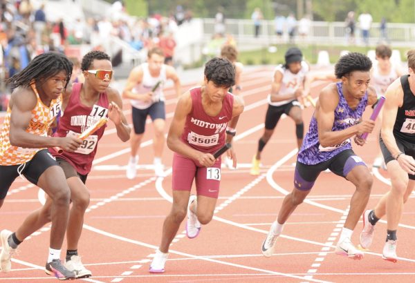 STARTING STRONG: Freshman Vihaan Devireddy starts out as the first leg of the boys 4 x 8 relay in the GHSA State Championships on May 11. The team ended up placing eighth and ran a total time of 8:12.60.